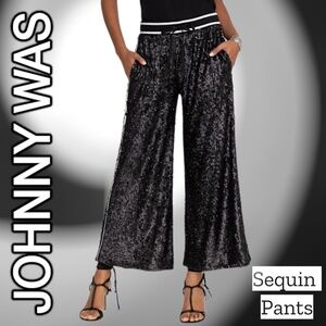 JOHNNY WAS Gabie Wide Leg Fully Lined Pull-On Black Sequin Pants NWT Size: XS